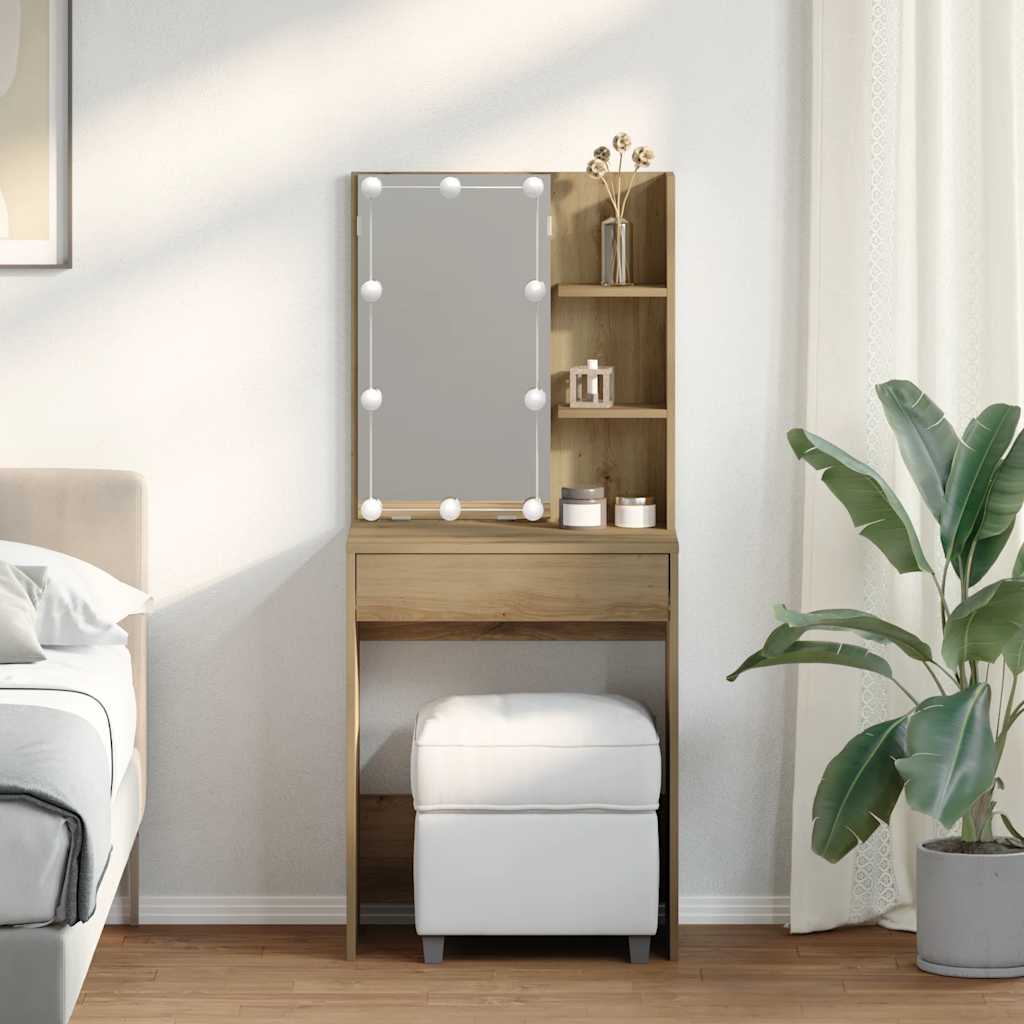 makeupbord med LED-lys 60x40x140 cm kunsteg