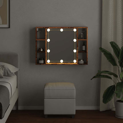 spejlskab med LED-lys 76x15x55 cm konstrueret træ antikt træ