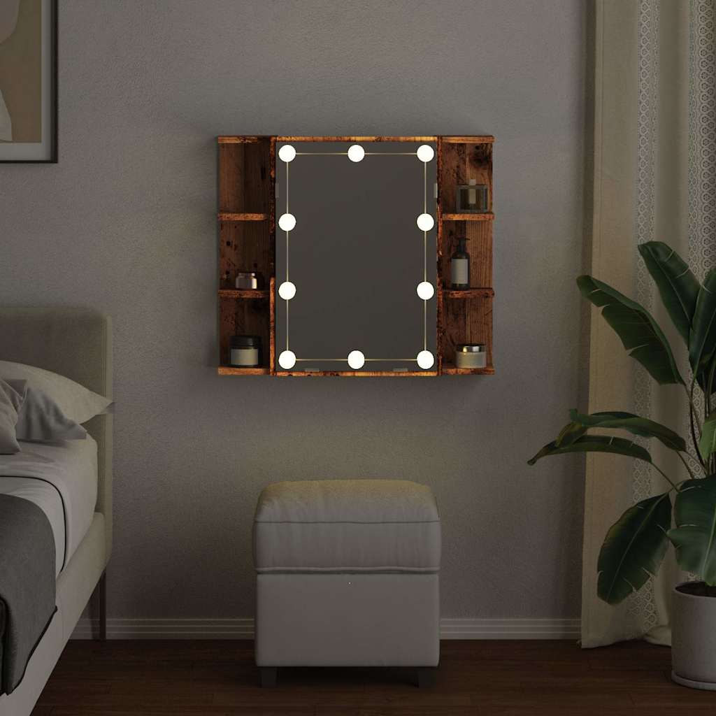 spejlskab med LED-lys 70x16,5x60 cm gammelt træ-look