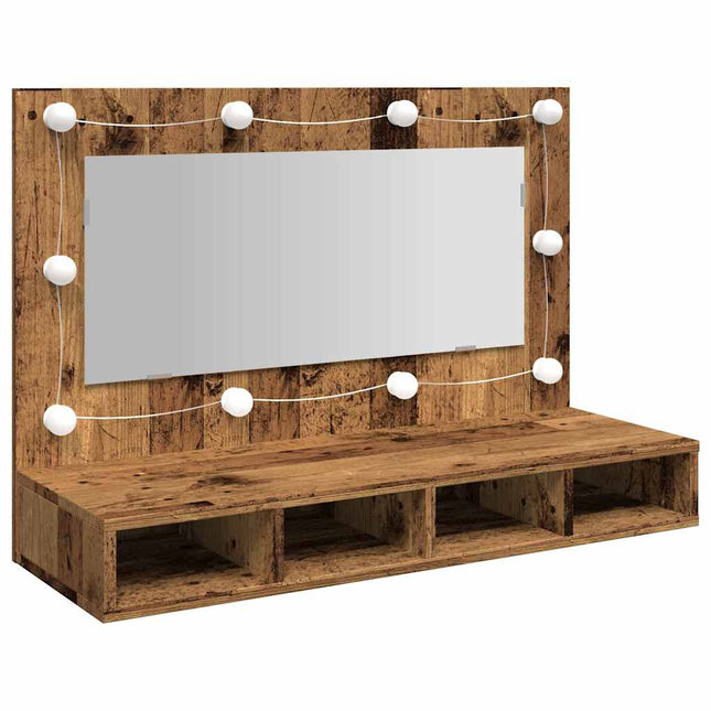 spejlskab med LED-lys 90x31,5x62 cm gammelt træ-look