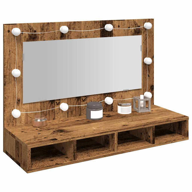 spejlskab med LED-lys 90x31,5x62 cm gammelt træ-look