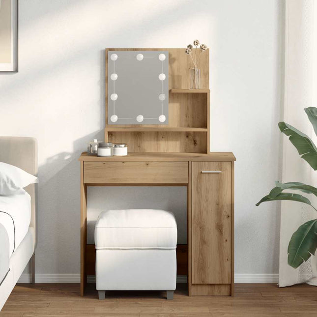 makeupbord med LED-lys 86,5x35x136 cm kunsteg