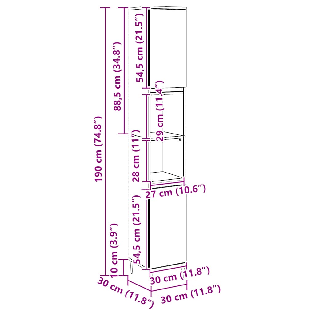 badeværelsesskab 30x30x190 cm konstrueret træ kunsteg