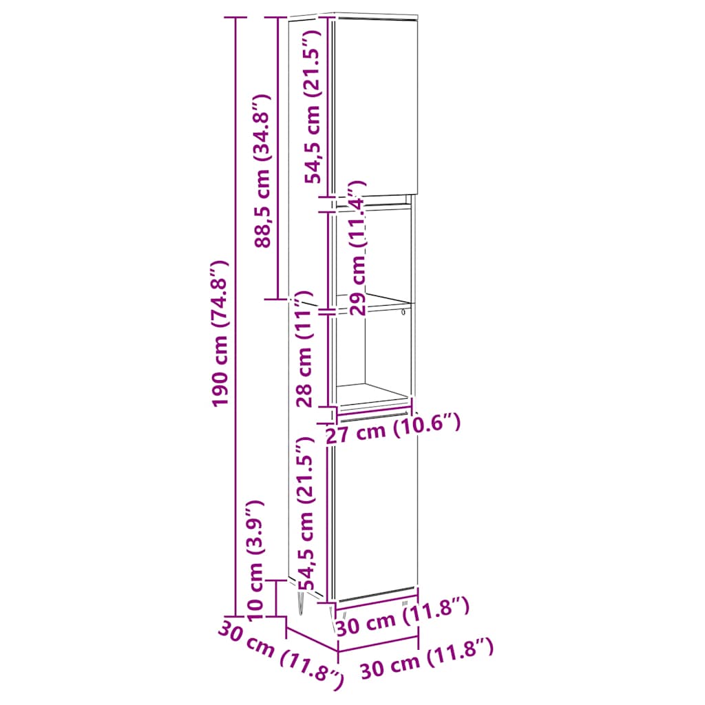 badeværelsesskab 30x30x190 cm konstrueret træ kunsteg