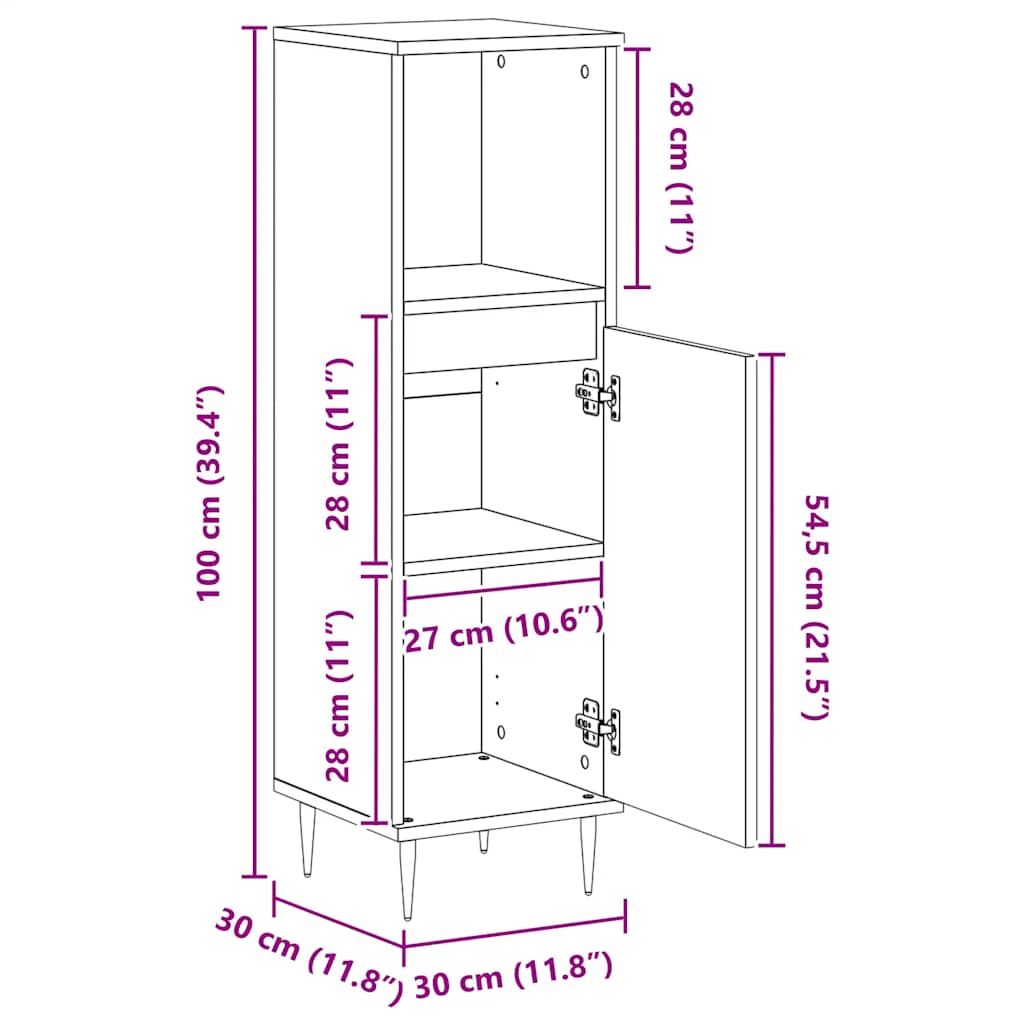 badeværelsesskab 30x30x100 cm konstrueret træ kunsteg