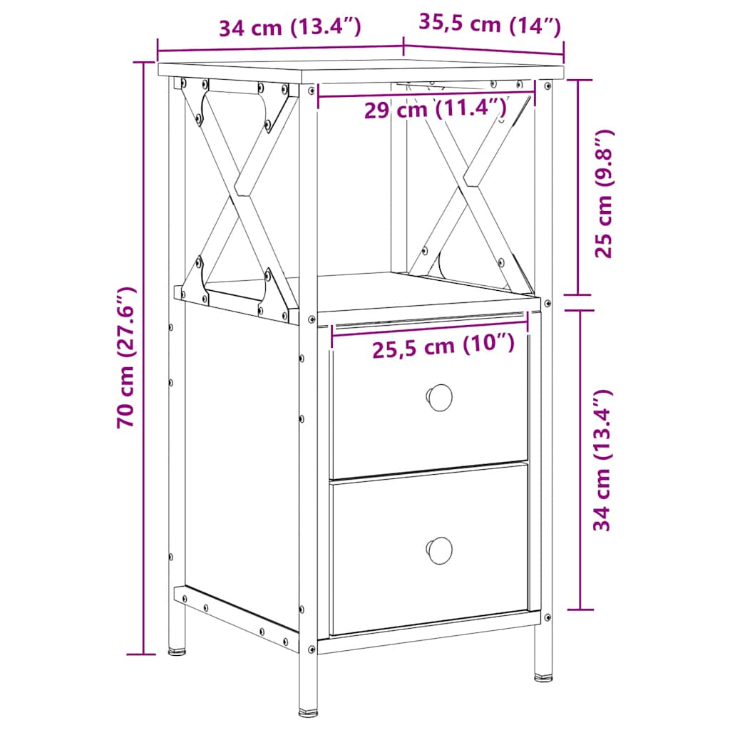 sengebord 34x35,5x70 cm konstrueret træ kunsteg