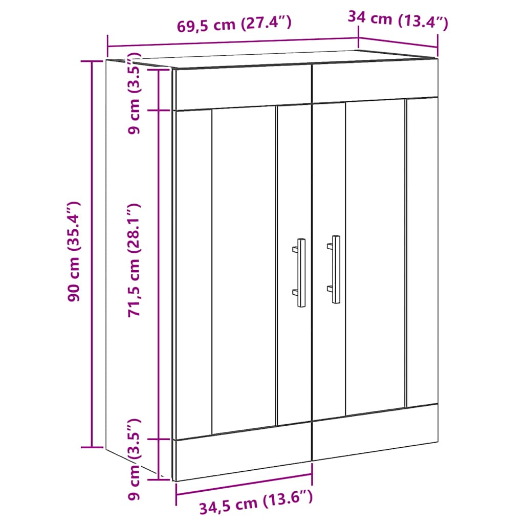vægskab 69,5x34x90 cm konstrueret træ egetræsfarve
