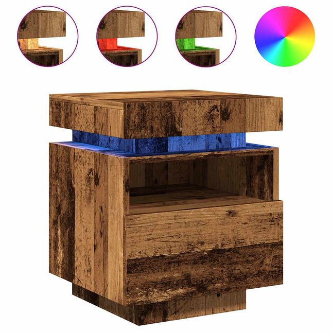 sengebord med LED-lys 40x39x48,5 cm antikt træ