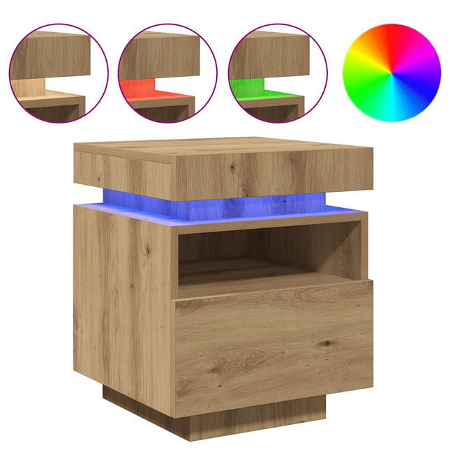 sengebord med LED-lys 40x39x48,5 cm kunsteg