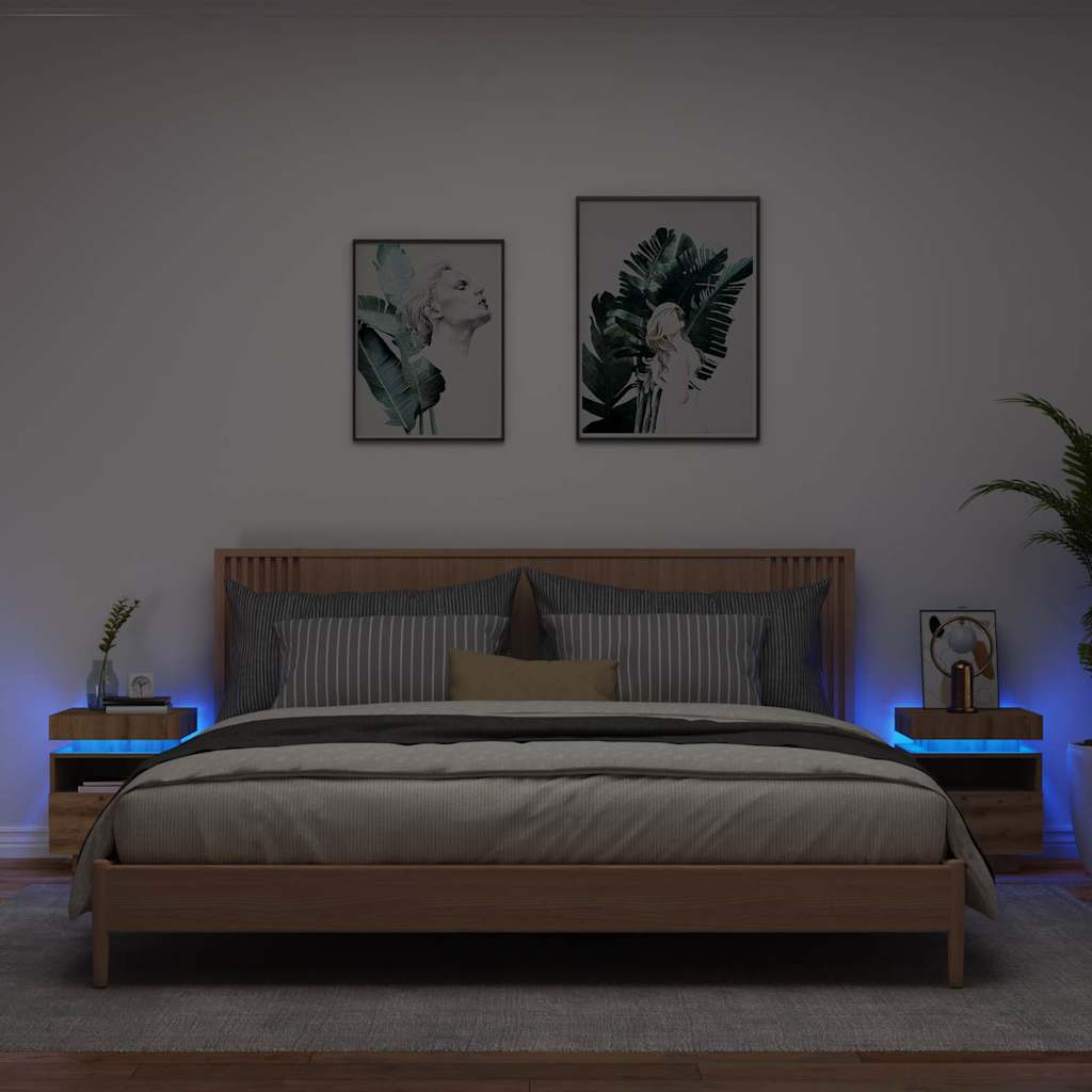 sengeborde 2 stk. med LED-lys 40x39x48,5 cm kunsteg