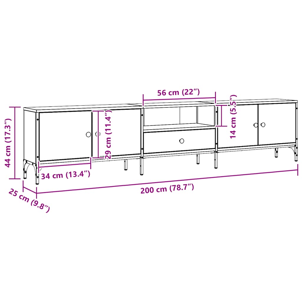 tv-bord med skuffe 200x25x44 cm konstrueret træ kunsteg