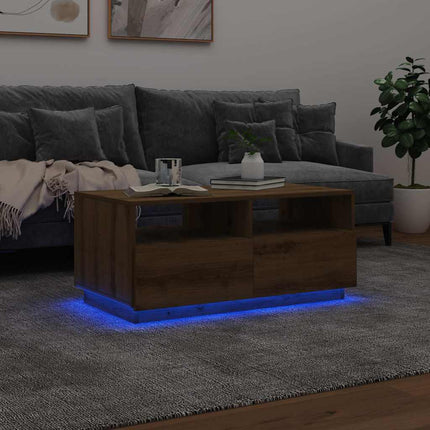 sofabord med LED-lys 90x49x40 cm egetræsfarvet
