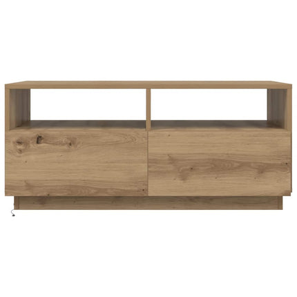 sofabord med LED-lys 90x49x40 cm egetræsfarvet