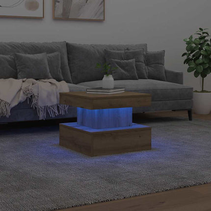 sofabord med LED-lys 50x50x40 cm egetræsfarve