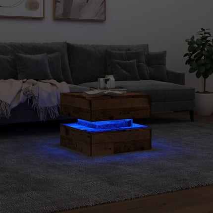 sofabord med LED-lys 50x50x40 cm gammelt træ-look