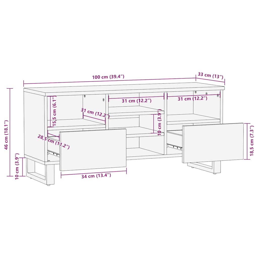 tv-bord 100x33x46 cm massivt mangotræ sort