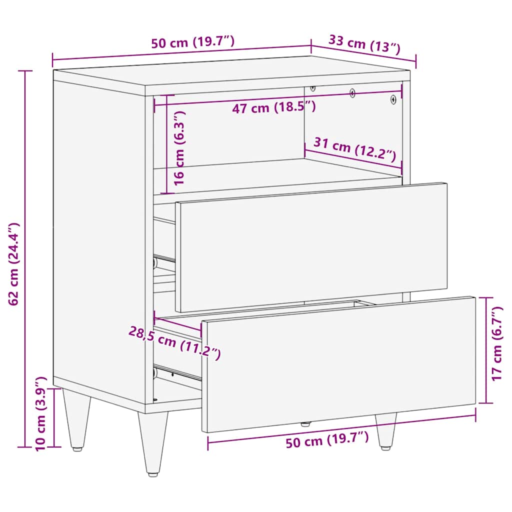 Sengebord med skuffe Lysebrun 50 x 33 x 60 cm Massivt mangotræ