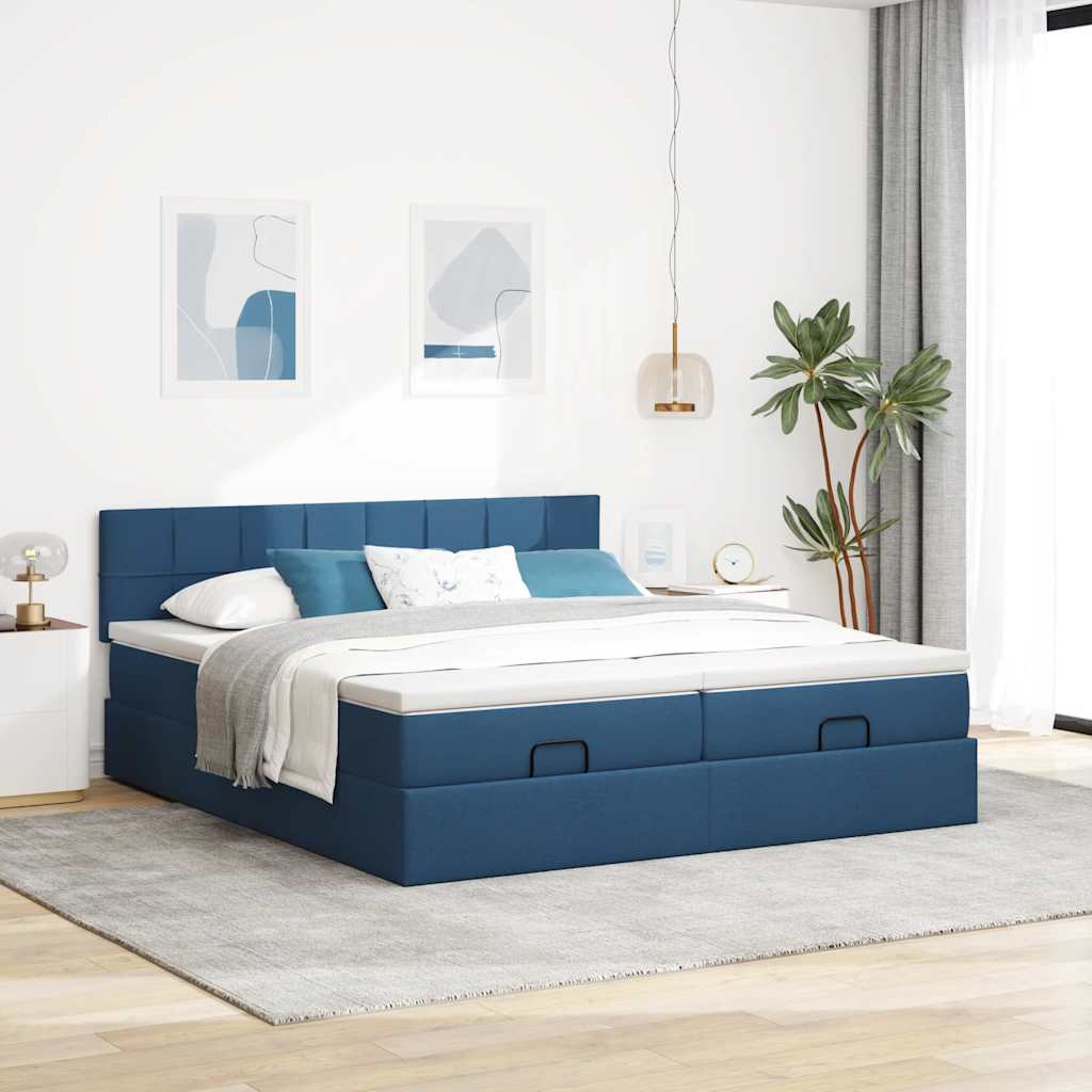 osmannisk sengeramme med madrasser 200x200 cm stof blå