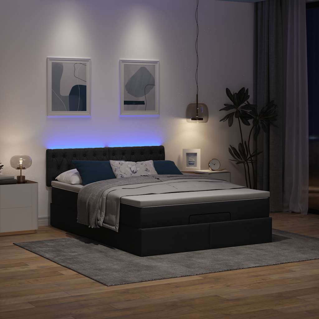 Ottoman seng med madras & LEDs Sort 140x200 cm Stof