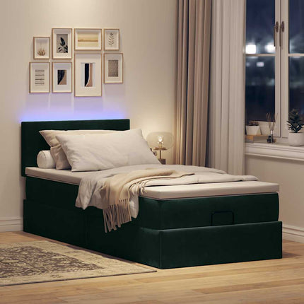 ottoman seng med madras & LEDs 80x200 cm fløjl mørkegrøn