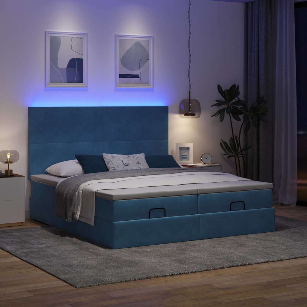 Ottoman seng med madrasser & LEDs Mørkeblå 200x200cm Fløjl