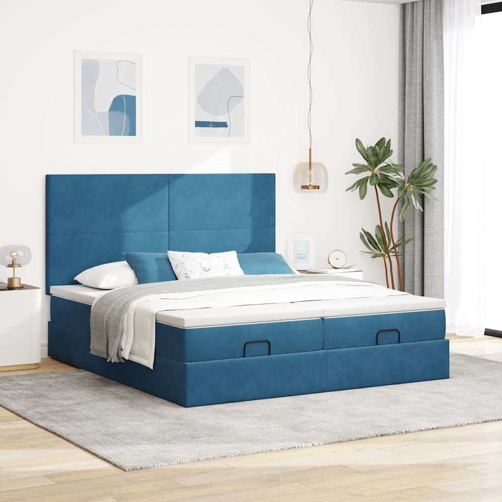 Ottoman seng med madrasser & LEDs Mørkeblå 200x200cm Fløjl