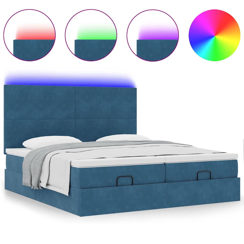 Ottoman seng med madrasser & LEDs Mørkeblå 200x200cm Fløjl