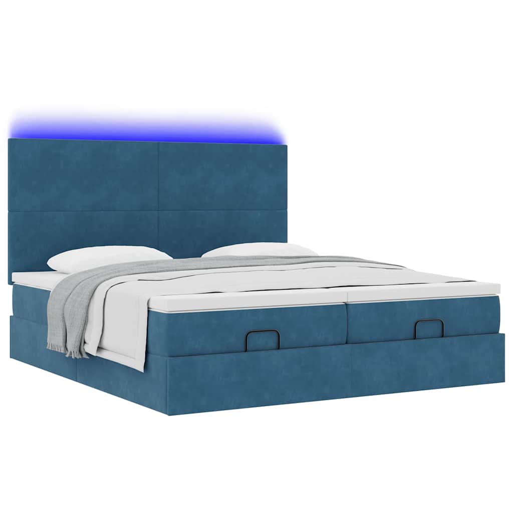 Ottoman seng med madrasser & LEDs Mørkeblå 200x200cm Fløjl