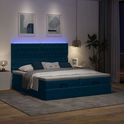 Ottoman seng med madrasser & LEDs Mørkeblå 200x200cm Fløjl