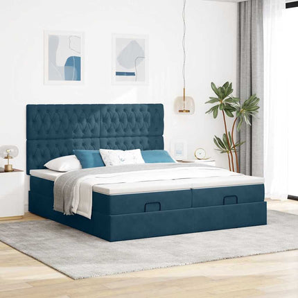 Ottoman seng med madrasser & LEDs Mørkeblå 200x200cm Fløjl
