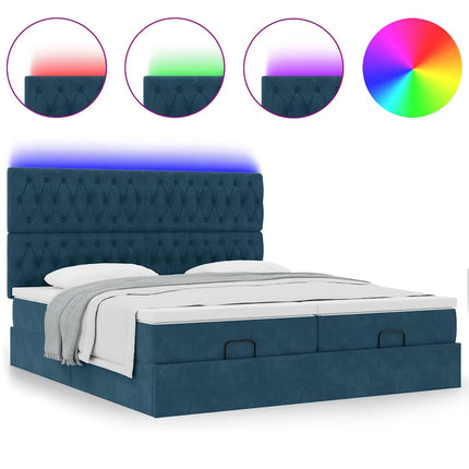 Ottoman seng med madrasser & LEDs Mørkeblå 200x200cm Fløjl
