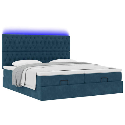 Ottoman seng med madrasser & LEDs Mørkeblå 200x200cm Fløjl