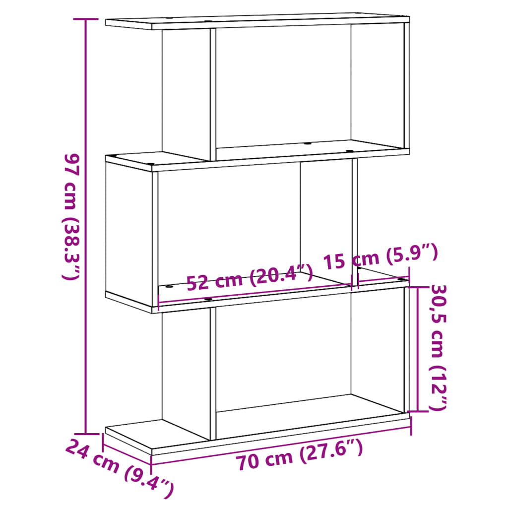 bogreol/rumdeler 70x24x97 cm 3niveauer konstrueret træ betongrå