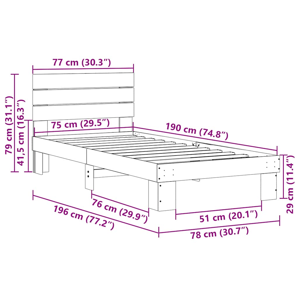 Sengeramme med hovedgærde uden madras 75x190 cm Massivt træ Eg