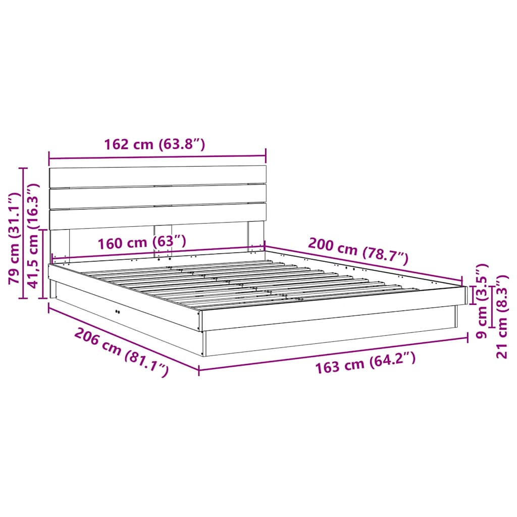 Sengeramme med hovedgærde uden madras 160x200 cm Massivt træ Eg