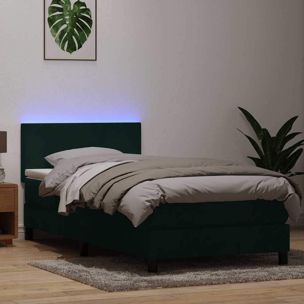 kontinentalseng med madras og LED-lys mørkegrøn 80x220 cm fløjl
