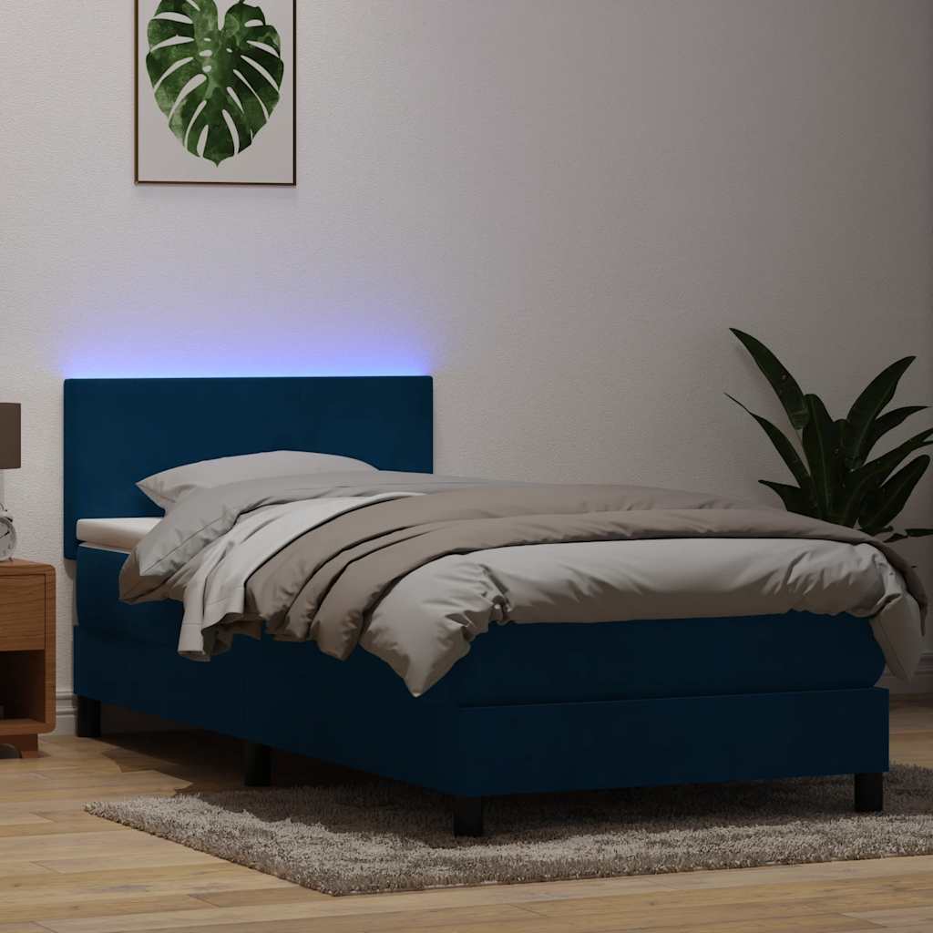 kontinentalseng med madras og LED-lys mørkeblå 80x220 cm fløjl