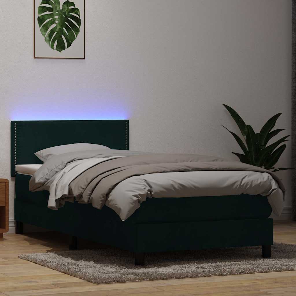 kontinentalseng med madras og LED-lys mørkegrøn 80x220 cm fløjl