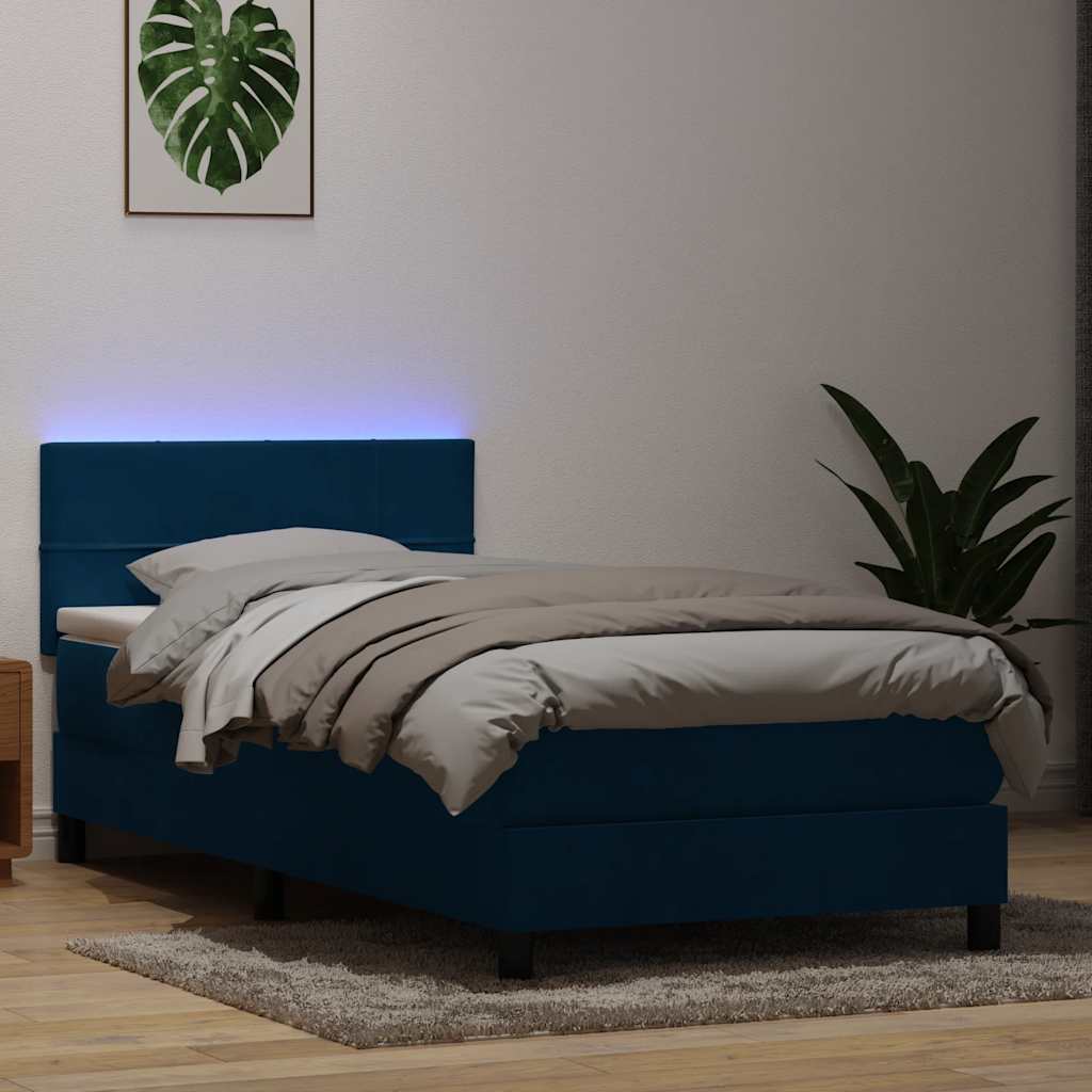 kontinentalseng med madras og LED-lys mørkeblå 80x220 cm fløjl