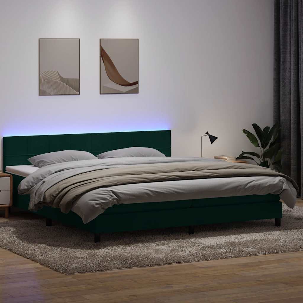 kontinentalseng med madras og LED-lys 180x220 cm fløjl mørkegrøn