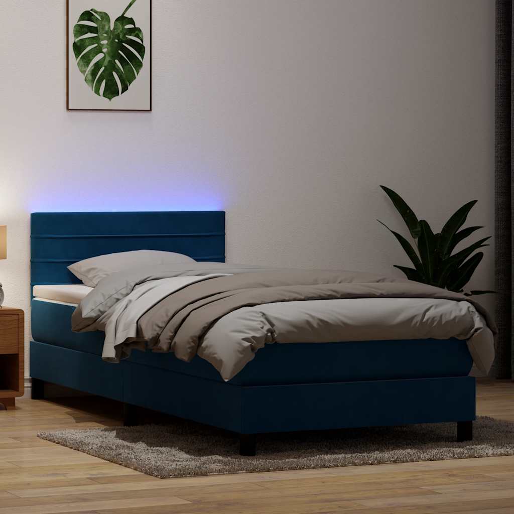 kontinentalseng med madras og LED-lys mørkeblå 80x210 cm fløjl