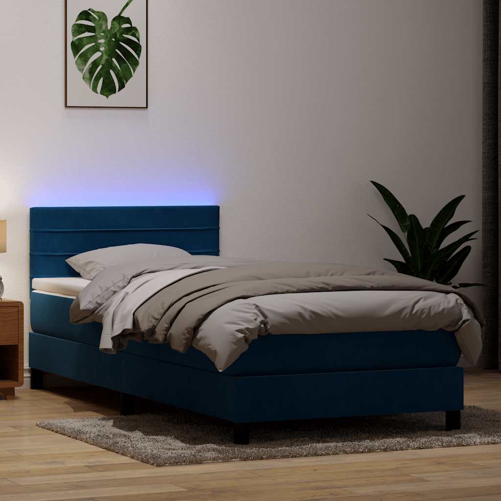kontinentalseng med madras og LED-lys mørkeblå 80x220 cm fløjl
