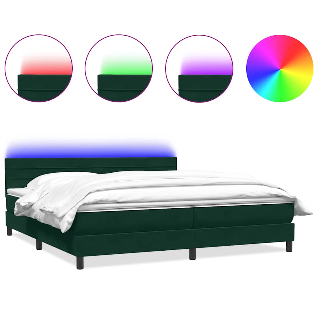kontinentalseng med madras og LED-lys 180x220 cm fløjl mørkegrøn