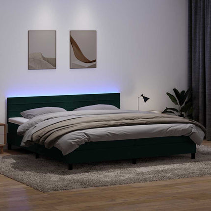 kontinentalseng med madras og LED-lys 180x220 cm fløjl mørkegrøn