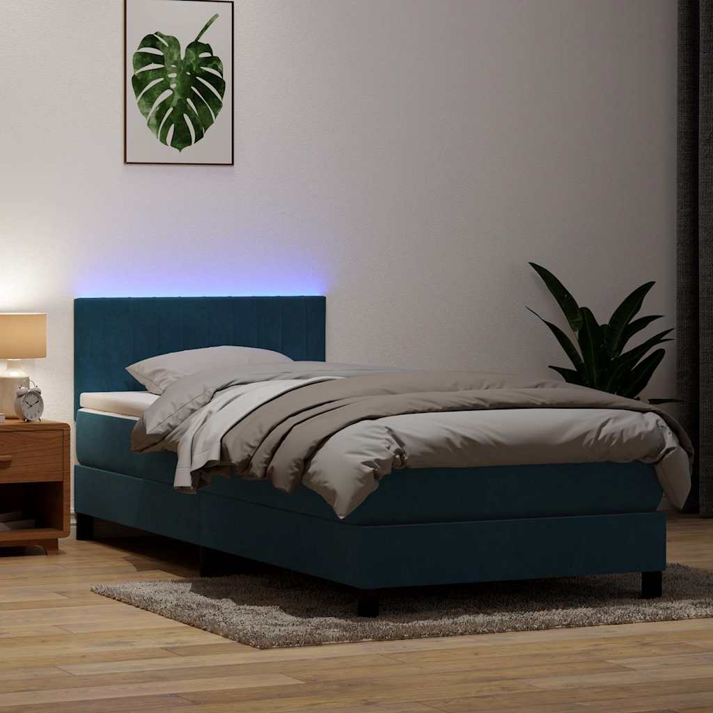 kontinentalseng med madras og LED-lys mørkeblå 80x220 cm fløjl