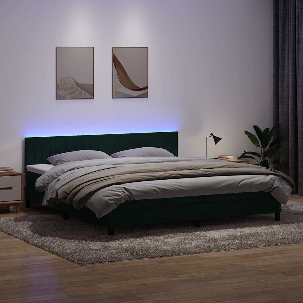 kontinentalseng med madras og LED-lys 180x220 cm fløjl mørkegrøn