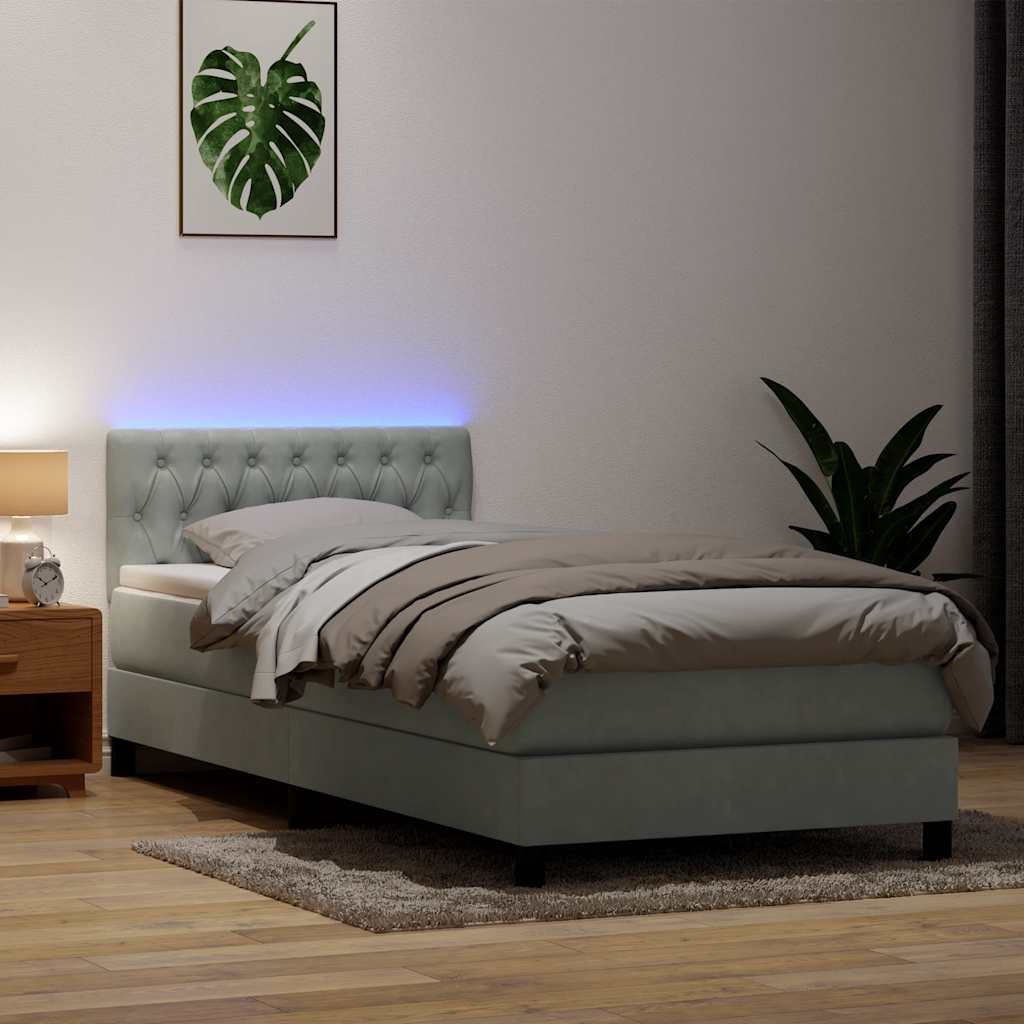 kontinentalseng med madras og LED-lys lysegrå 90x210 cm fløjl
