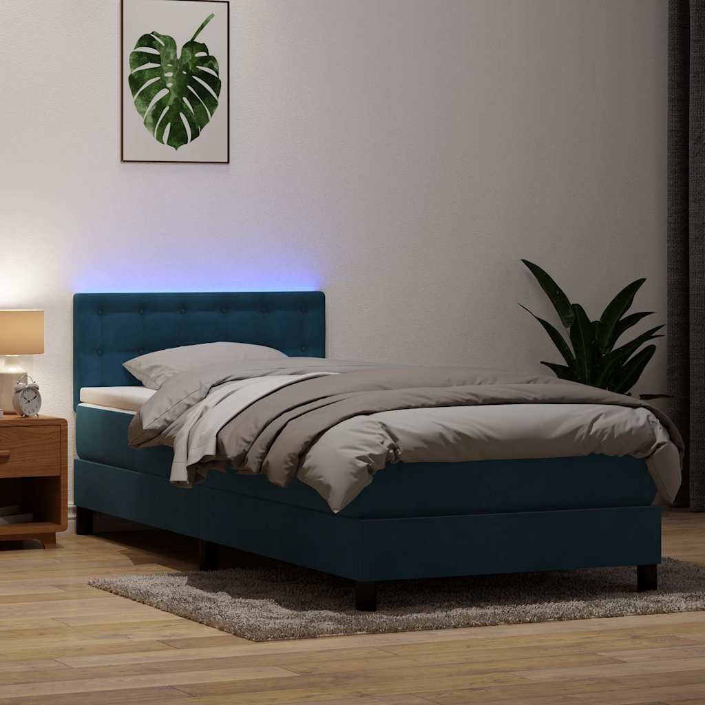 kontinentalseng med madras og LED-lys mørkeblå 80x210 cm fløjl