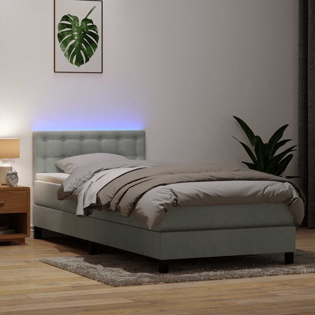 kontinentalseng med madras og LED-lys lysegrå 80x220 cm fløjl