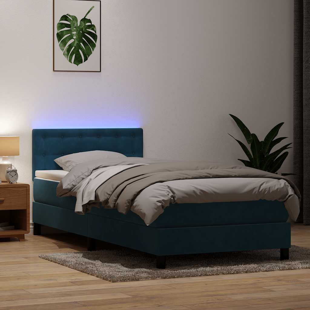 kontinentalseng med madras og LED-lys mørkeblå 80x220 cm fløjl